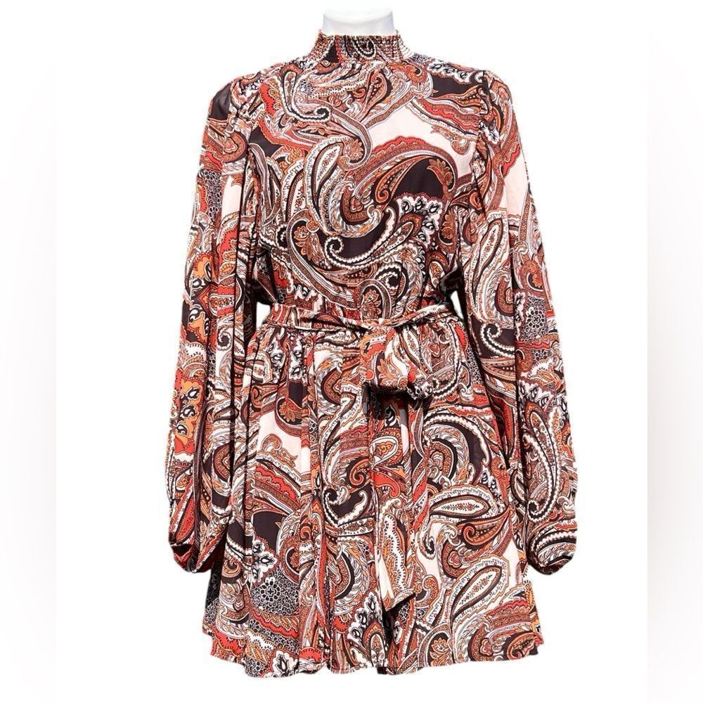 Flying Tomato Paisley Belted Long Sleeve Keyhole Mini Dress Size Medium New